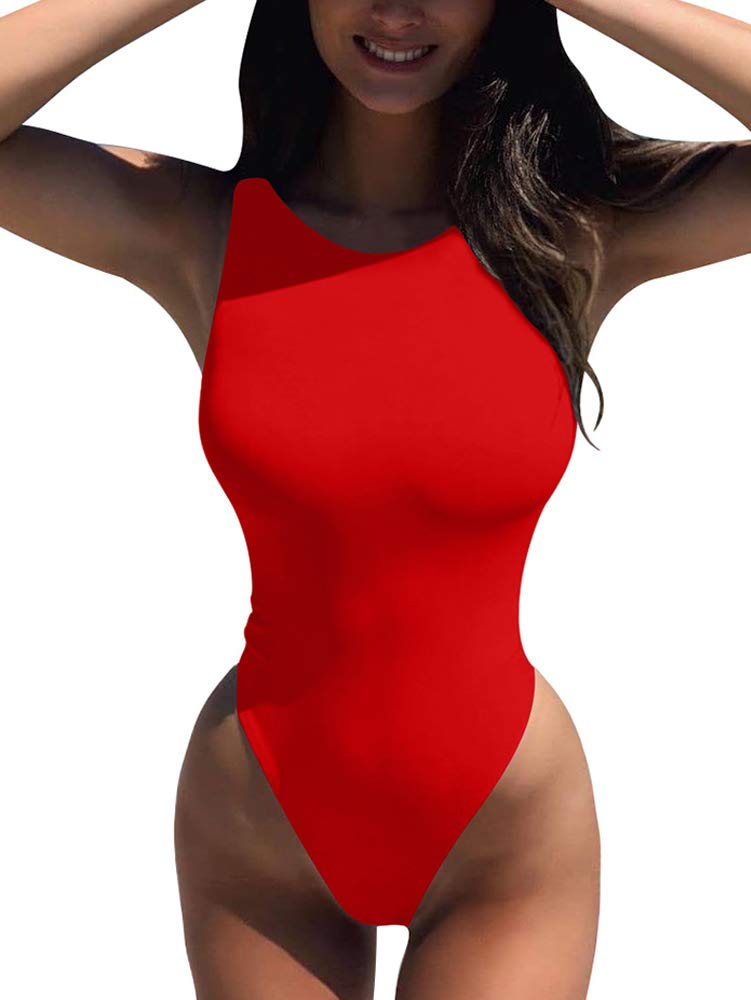 LCNBA Women's Sexy High Neck Sleeveless Bodysuit Basic Top Bodysuit Jumpsuit Red M - Image 1